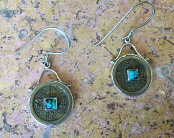 San Jan Solid Silver 925 Turquoise Ancient Chinese Coin Design Earrings.