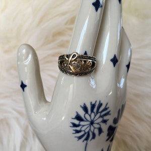 Solid Silver 925 Gold Washed Heart Love Ring With Black Clear Czs. Size 7.75. Great For Valentine’s Day!