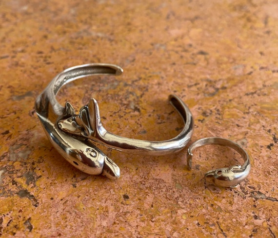 Solid Silver Dolphin Adjustable Cuff Bracelet & R… - image 2