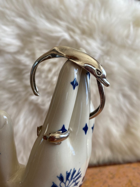 Solid Silver Dolphin Adjustable Cuff Bracelet & R… - image 4