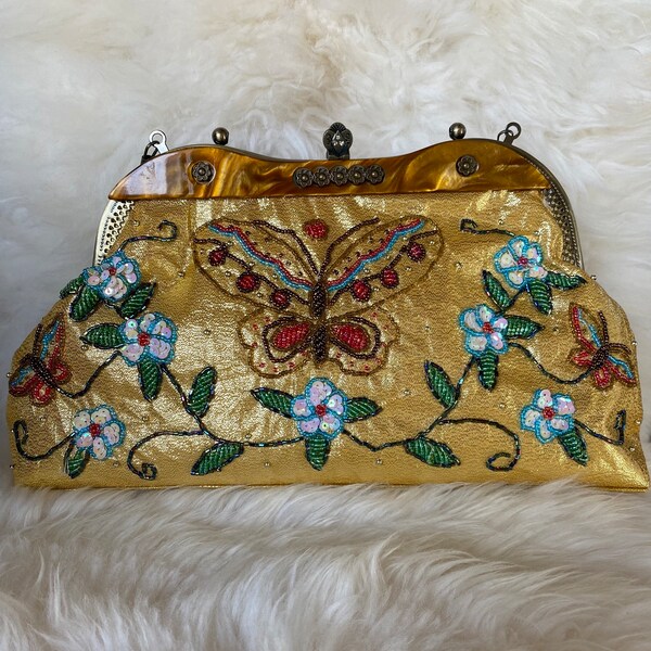 Butler & Wilson Cross Shoulder Clutch / Evening Bag. Hand Sewn Beading. Victorian Motif. In Like New Condition.