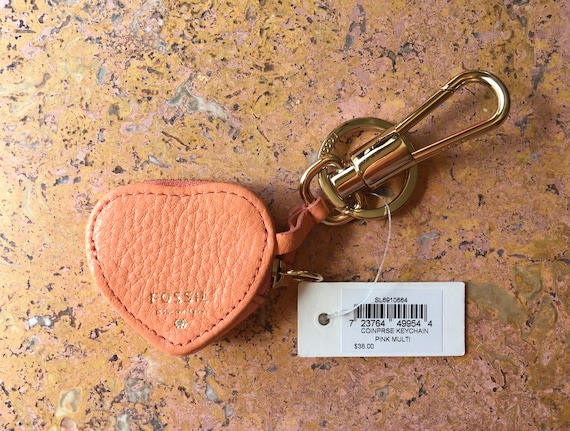 Fossil Heart Shaped Genuine Leather Multi Color Coin Purse / Keychain. New  With Tag.