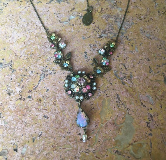 Signed Michal Negrin Opal n Multi Flowers Necklac… - image 2