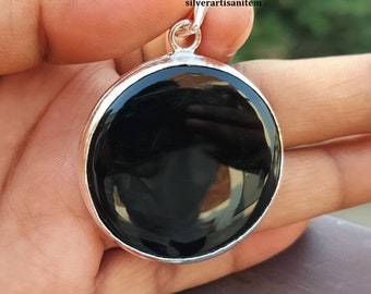 Natural Black Onyx Pendant,Handmade Silver Pendant,925 Sterling Silver Solid Pendant,Round Black Onyx Pendant, December Birthstone Pendant.