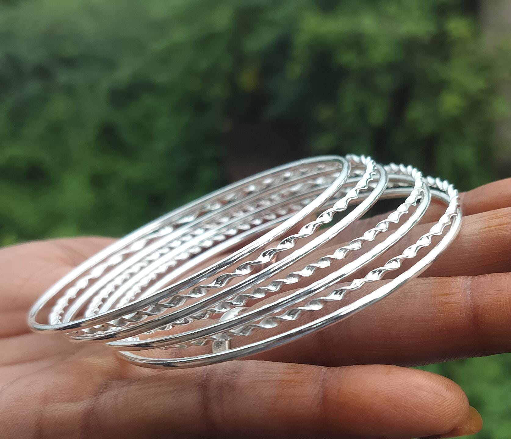 925 Handmade Silver Braid & Twist Bangle Set - Stackable Jewelry