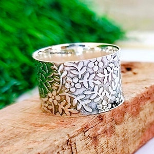 Flower Band Ring,925 Sterling Silver Wide Band Open Ring, Wide Band Ring, Silver Band, Wide Ring, Silver Ring, Statement Ring, Thumb ring
