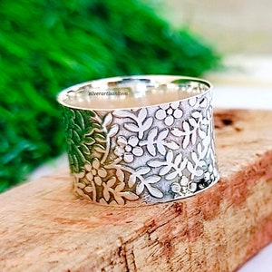 Bloemenbandring, 925 sterlingzilveren brede band open ring, brede bandring, zilveren band, brede ring, zilveren ring, statementring, duimring