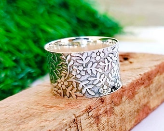 Blumen-Band-Ring, 925 Sterling Silber breiter Band-offener Ring, breiter Band-Ring, Silberband, breiter Ring, Silberring, Statement-Ring, Daumenring