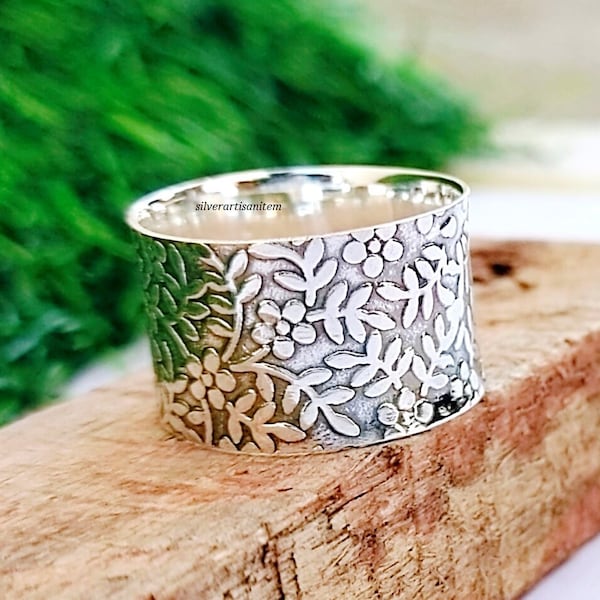 Blumen-Band-Ring, 925 Sterling Silber breiter Band-offener Ring, breiter Band-Ring, Silberband, breiter Ring, Silberring, Statement-Ring, Daumenring