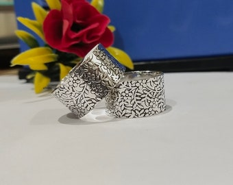 Mooie designer bloemenring, 925 sterlingzilveren brede open ring, 2 zilveren bandring, brede bandring, statementring, duimring,