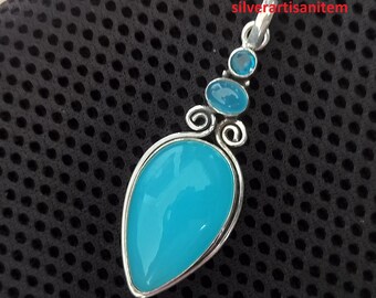 Blue Chalcedony Pendant,925 Silver Pendant,Handmade Pendant, Blue Topaz Gemstone Pendant For Women,Bohemian Pendant,Gift For Her,Necklace