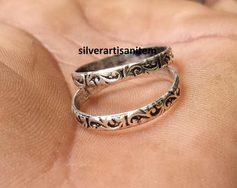 Bloemenring, bandring 925 sterlingzilver met bloemen, handgemaakte ring zilver, brede bandring, duimring, sterlingzilveren ring, unisex bandring,