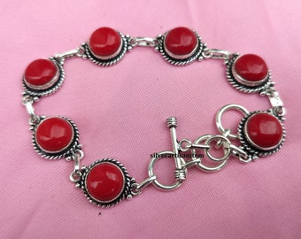 Handmade Red Coral Bracelet,925 Sterling Silver Gemstone Jewelry