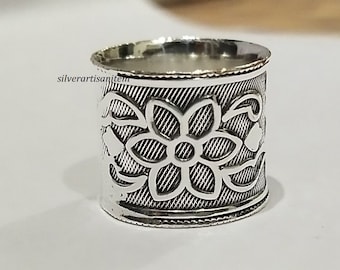 Handgemaakte sterlingzilveren brede bloemenring, statementring