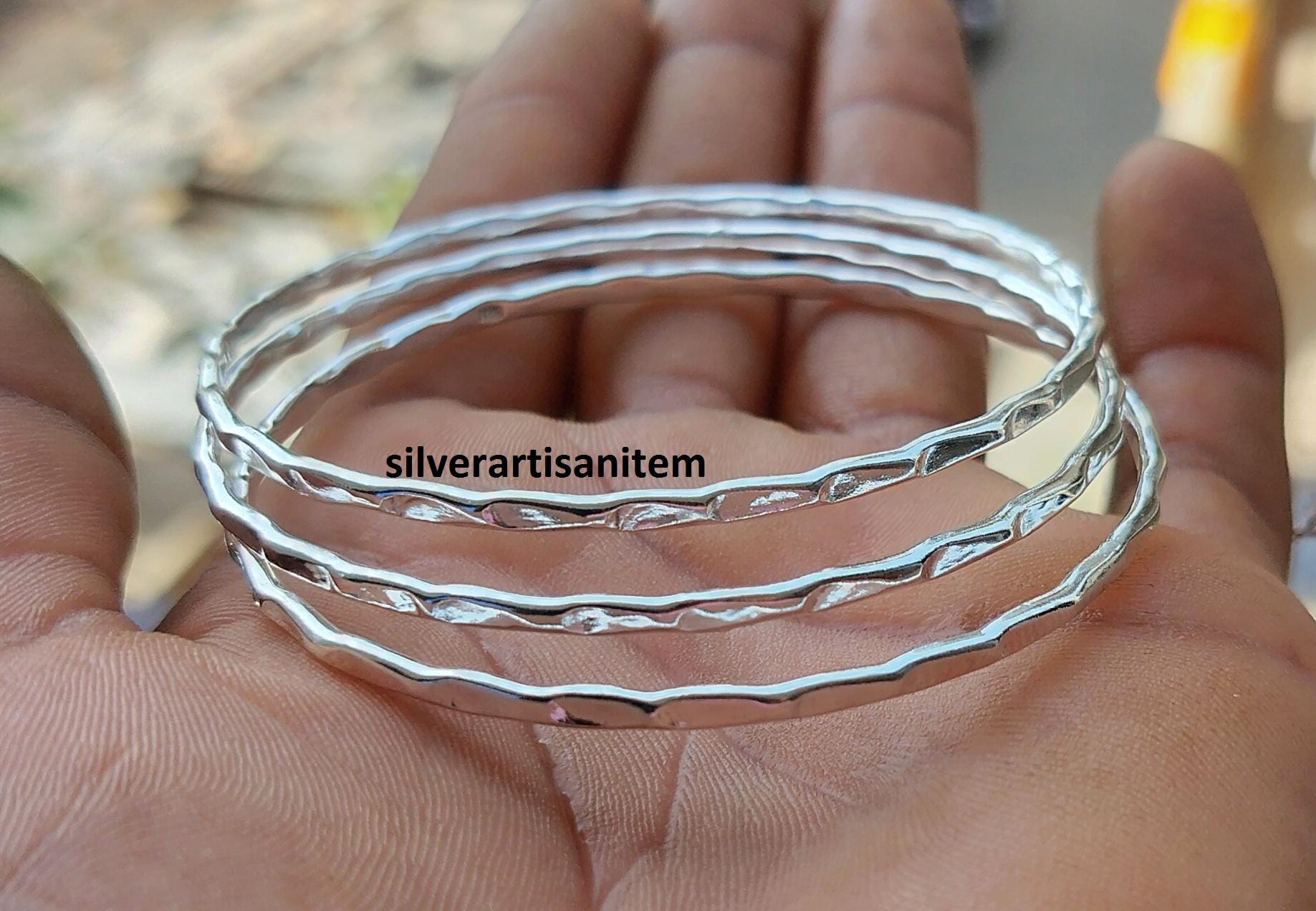 Classic Silver Hammered Set of 3 Bangle, Solid ,925 Sterling