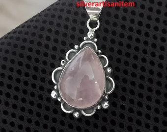 Natural Rose Quartz Necklace,925 Sterling Silver Pendant,Handmade Silver Rose Quartz,Gemstone Jewelry Necklace for Women Gift for her