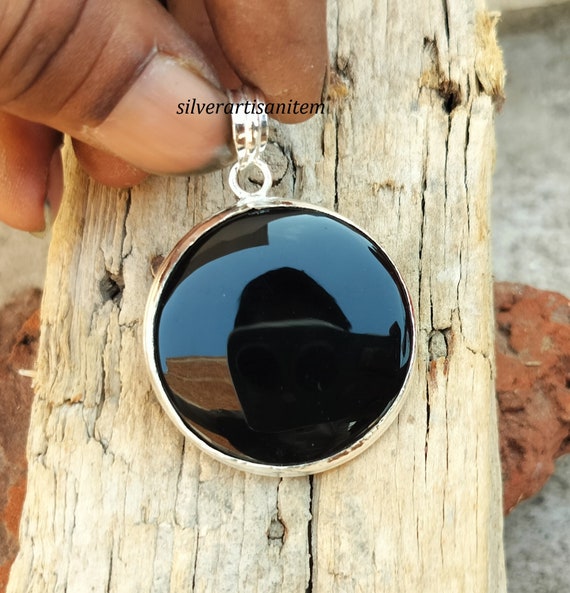 Pendentif Ancien En Onyx Et Argent 925 - Pierre Ovale Naturelle Polie, Bon état D'usage