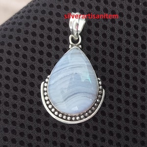 Natural Blue Lace Agate Pendant,925 Sterling Silver Pendant,Pear Gemstone Pendant,Unique Designer Women Pendant,Silver Pendant,Gemstone Gift