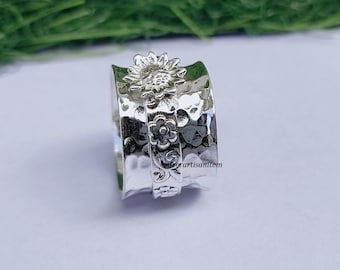 Hammered Sterling Silver Sunflower Spinner Ring, Wide Band Fidget Ring