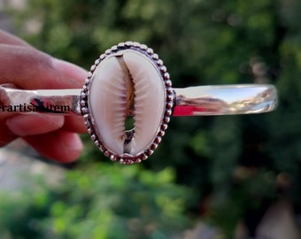 Cowrie Shell Sterling Silver Bangle: Adjustable Handmade Bracelet,