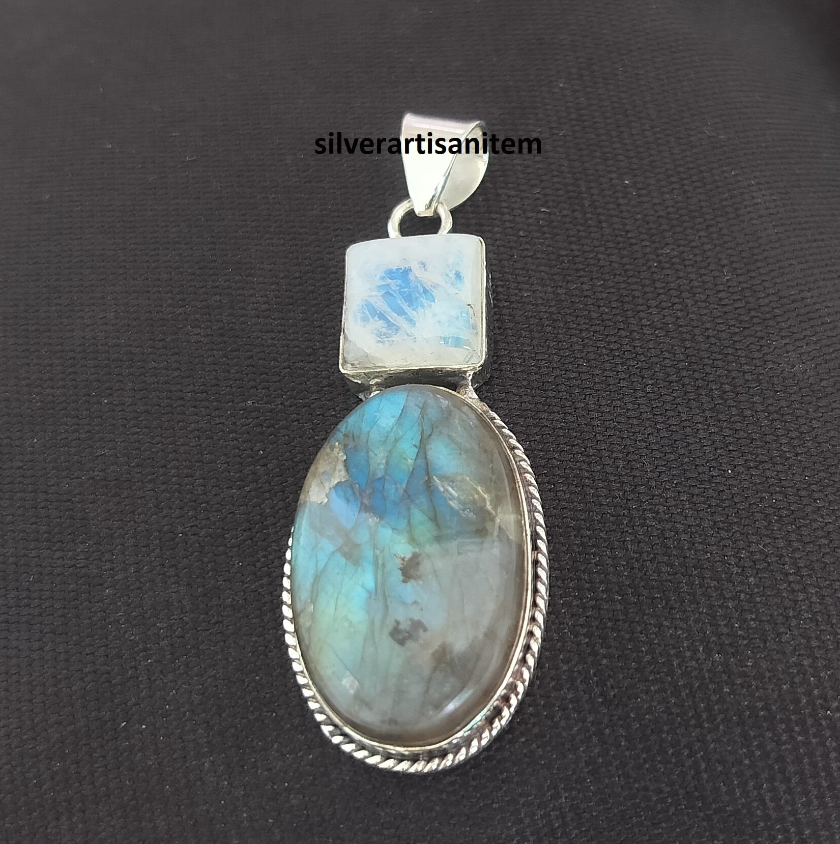 Pendentif Labradorite Bleu Feu - Pierre Précieuse 55 Ct, Fait Main, Plaqué Argent