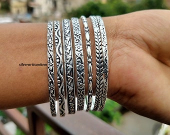 Massive 925 Sterling Silber Armreifen, 7 Set Armreifen, Blumen Armreif, Frauen Armreifen, Set Armreif, Stapel Armreif, Boho Armreif, Designer Armreifen