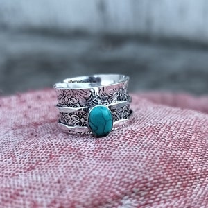 Türkis Ring,Spinner Ring,925 Sterling Silber,Bandring,Türkis Schmuck,Gehämmert Breiter Ring,Frauenring,Ovaler Türkis Ring, Fidget Ring.