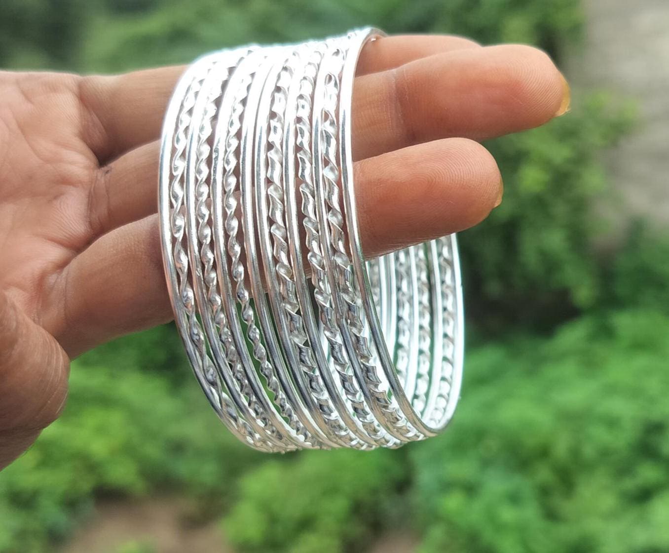 アクセサリー big hand silver bangle stamped handmade Handmade Sterling Silver Stacking Bangles, Set of 14, Boho Hippie