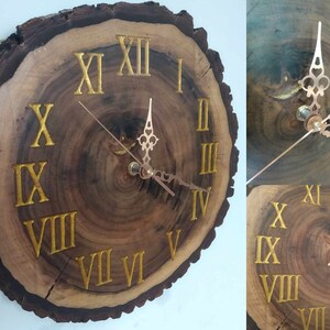 May include: A rustic wooden wall clock with a natural edge. The clock face is a cross-section of a tree trunk, featuring gold Roman numerals and delicate copper-coloured hands. The clock's diameter is approximately 30 cm.