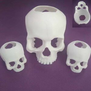 May include: Three white plastic skull planters of different sizes. The largest skull planter has a hole in the top for planting.