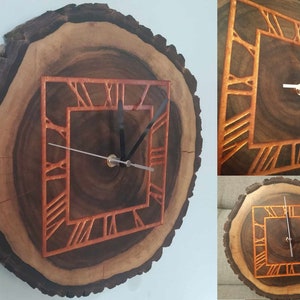 May include: A wooden wall clock featuring a copper-coloured square face with Roman numerals. The clock hands are black. The clock is crafted from a tree trunk cross-section, displaying the natural wood grain and bark edge.