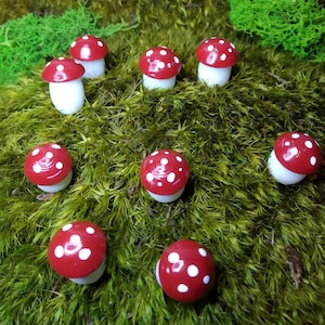 May include: A collection of nine miniature red and white mushroom figurines with white stems. The mushrooms are arranged on a bed of green moss.