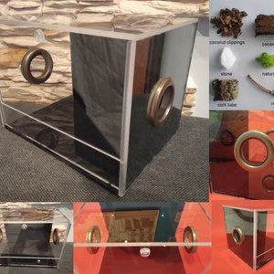 Unique terrarium with black plexiglass. Terrarium for tarantulas, spiders, praying mantises, invertebrates, plants, flowers-guillotine doors