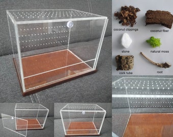 A unique terrarium with a wooden stand. Terrarium for tarantula, spiders, praying mantis, invertebrates, plants, flowers- guillotine doors.