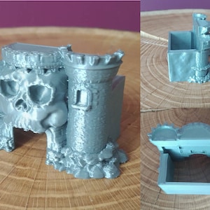 Peut inclure: Un château gris imprimé en 3D avec une entrée en forme de crâne et deux tours. Le château est posé sur une surface en bois.