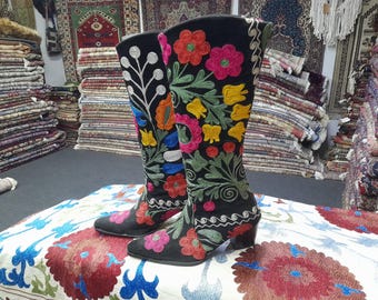 Handmade Suede Cowboy Boots: Floral Embroidered Leather Boots