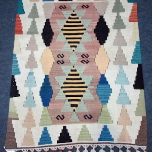 Handwoven Turkish Kilim Rug: Vintage Bohemian Wool Floor Carpet