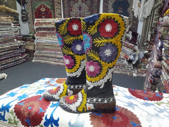 Handmade Floral Pattern suede boots Genuine Leather Interior