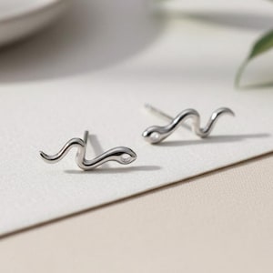 Peut inclure: Une paire de boucles d'oreilles clous argentées en forme de serpent. Les boucles d'oreilles sont présentées sur une surface blanche, avec un arrière-plan flou comprenant une assiette blanche et des feuilles vertes. Design minimaliste.