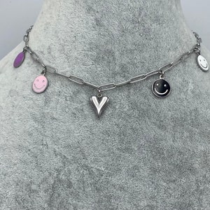 Charm necklace with heart and smileys, link necklace with five charms, trendy charm necklace, stainless steel chain and charms, trendy and image 3