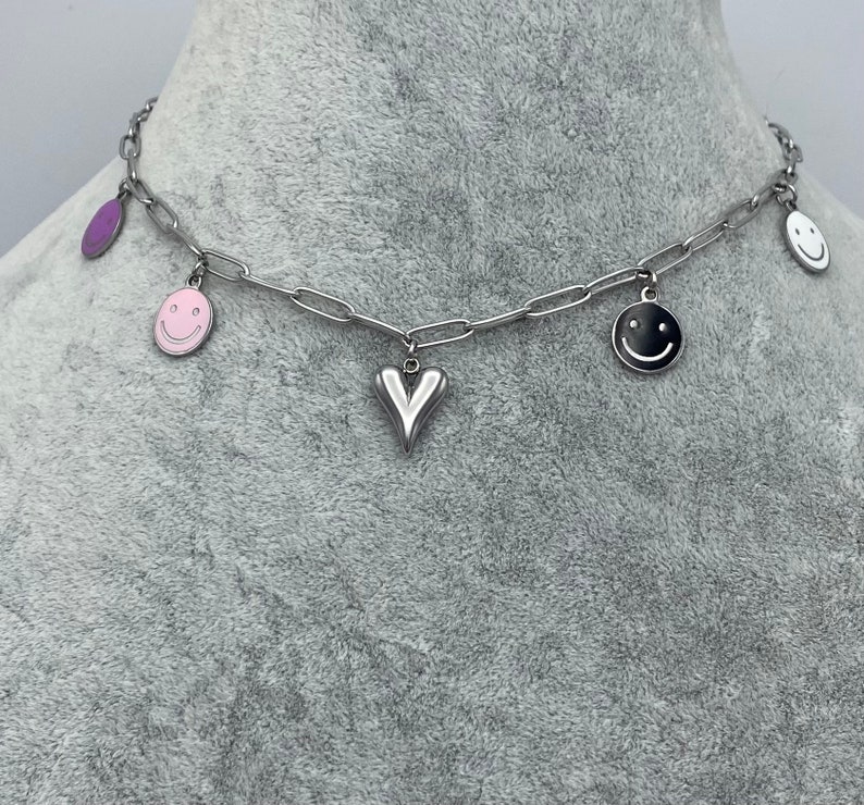 Charm necklace with heart and smileys, link necklace with five charms, trendy charm necklace, stainless steel chain and charms, trendy and image 3