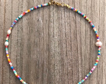 Handmade colorful bead necklace, multicolored fashionable bead necklace with freshwater pearls, adjustable hip mother/daughter necklace