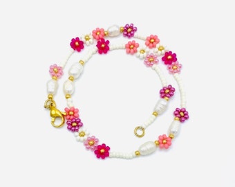 Bloemen ketting met zoetwaterparels, gemengde kralenketting met roze bloemetjes, parel- en bloemenketting, madeliefjes ketting, cadeautip