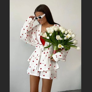 Long Sleeve Love Print Sleepwear, Cotton Pajamas For Women Sets With Sashes, Casual Female Suits With Shorts Robe Sets, Red Heart Print Sets