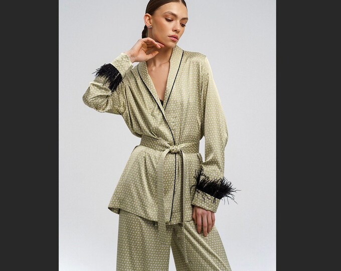 Print Long Sleeve Feathers Robes, For Women Sets, Robe Woman Nightie, Sleepwear Female Set Fashion Trouser Suits, Silk Satin Pajama Sets