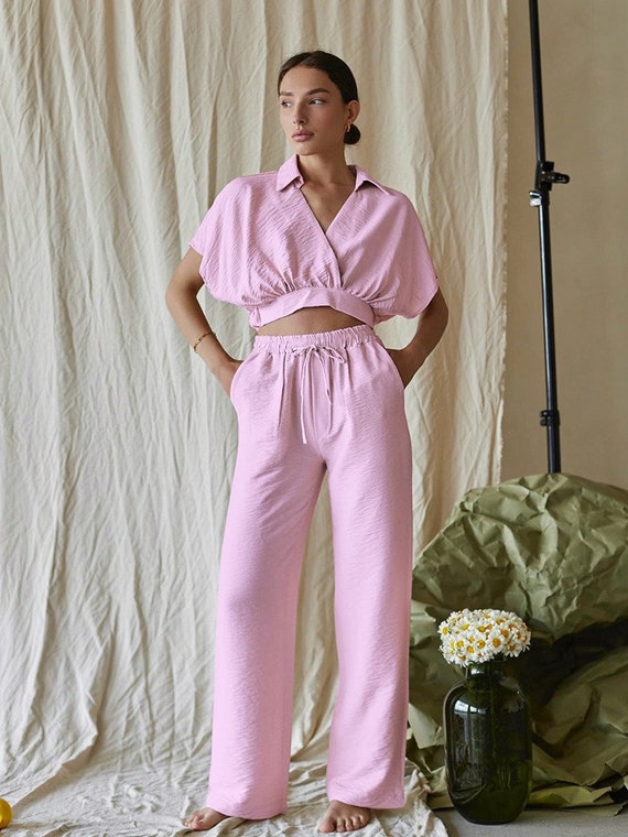 Pink Crop Tops Pajama Sets, Short Sleeve Sleepwear, Single-breasted Home  Suit, Two Pieces Pajama Sets for Women, Crop Top Sets for Women 