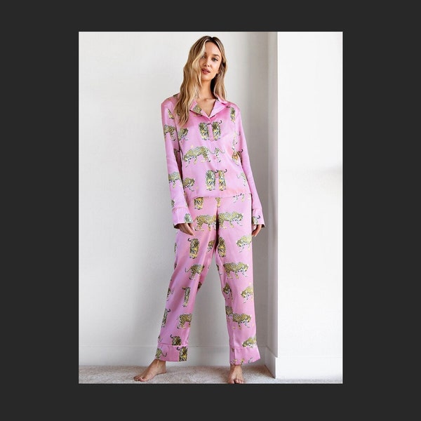Pyjamas imprimé tigre rose pour femmes, ensembles 2 pièces, vêtements de nuit roses à manches longues, costumes pantalons décontractés féminins, vêtements de nuit d’hiver, ensemble de pyjama pour femmes