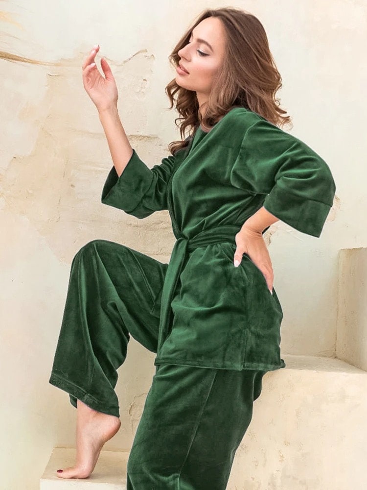 Velvet Pajamas Set Women Sleepwear Green Velour Pijamas Suit 2 PCS  Shirt&Pant Casual Soft Bathrobe Nightwear Autumn Homewear