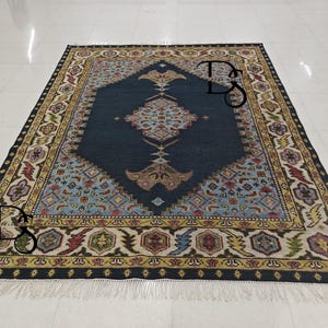 Hand-Knotted Wool Oushak Rug: 8x10 Blue Medallion Floral Carpet Rugs for living Room, Bedroom, Nursery, Office, 8X10 9X12 10X14 Custom Rugs