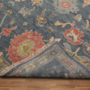Hand Knotted Wool Oushak Rug: Sea Blue Floral, 9x12 Rugs for living Room, Bedroom, Nursery, Office 6X9 8X10 10X14 12X18 Custom Area Rugs